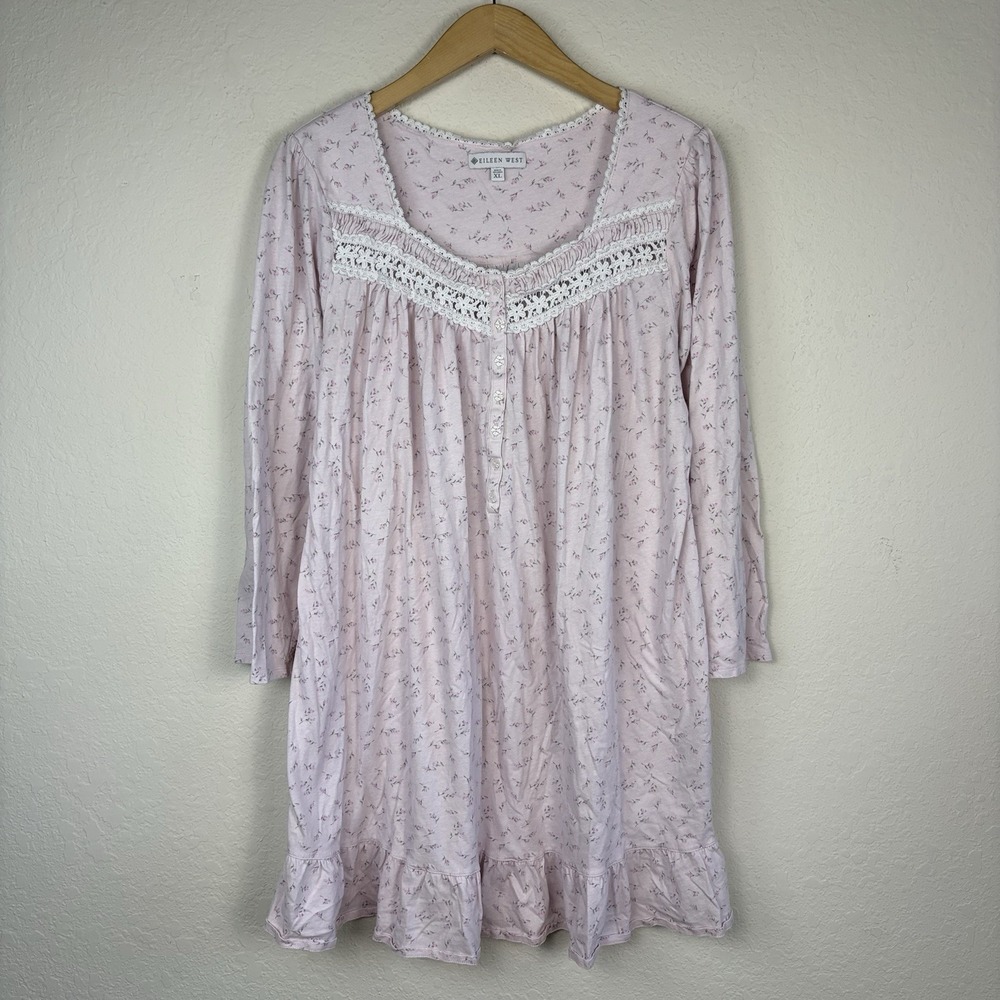Eileen West XL Nightgown Long Sleeve Cotton Floral Pink Cottage Ballet Short